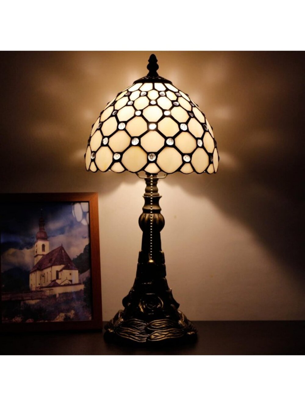 Vintage Mini Stained Glass Table Lamp | Small Cream Pearl Accent Light